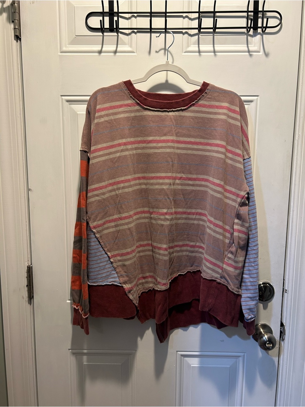 Oli & Hali Striped Patchwork Crewneck Sweater - Rose, Maroon & Orange